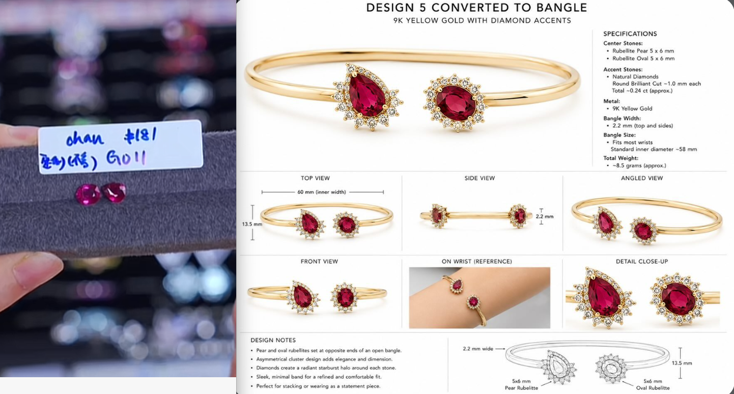 Miya-Custom S925 sterling silver bangle with five layers of 18k gold plating - set with moissanite - length 16.5cm for #28950