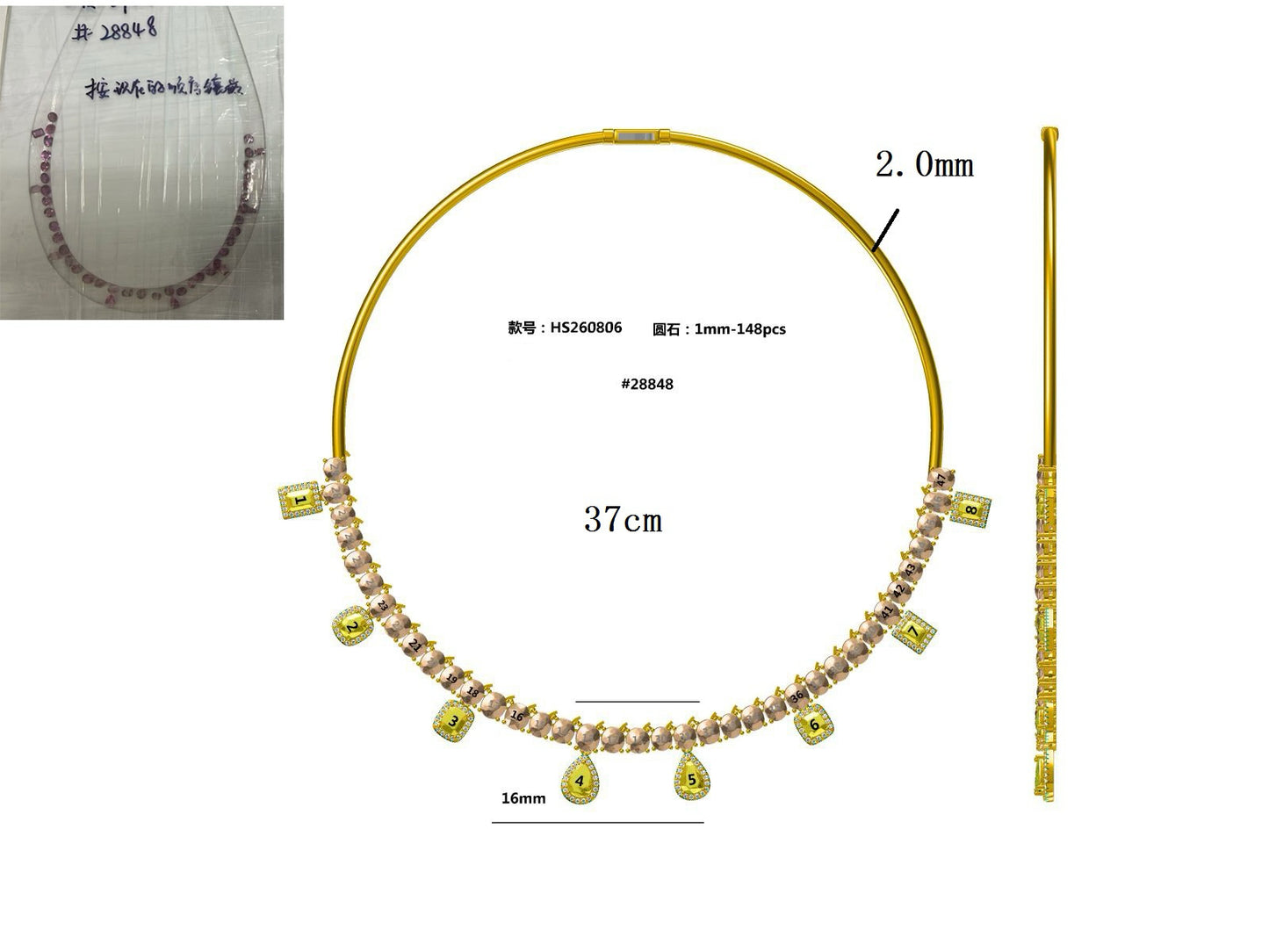 Miya-Custom S925 sterling silver necklace - pendant set with a band of moissanite - length 37cm for #28848