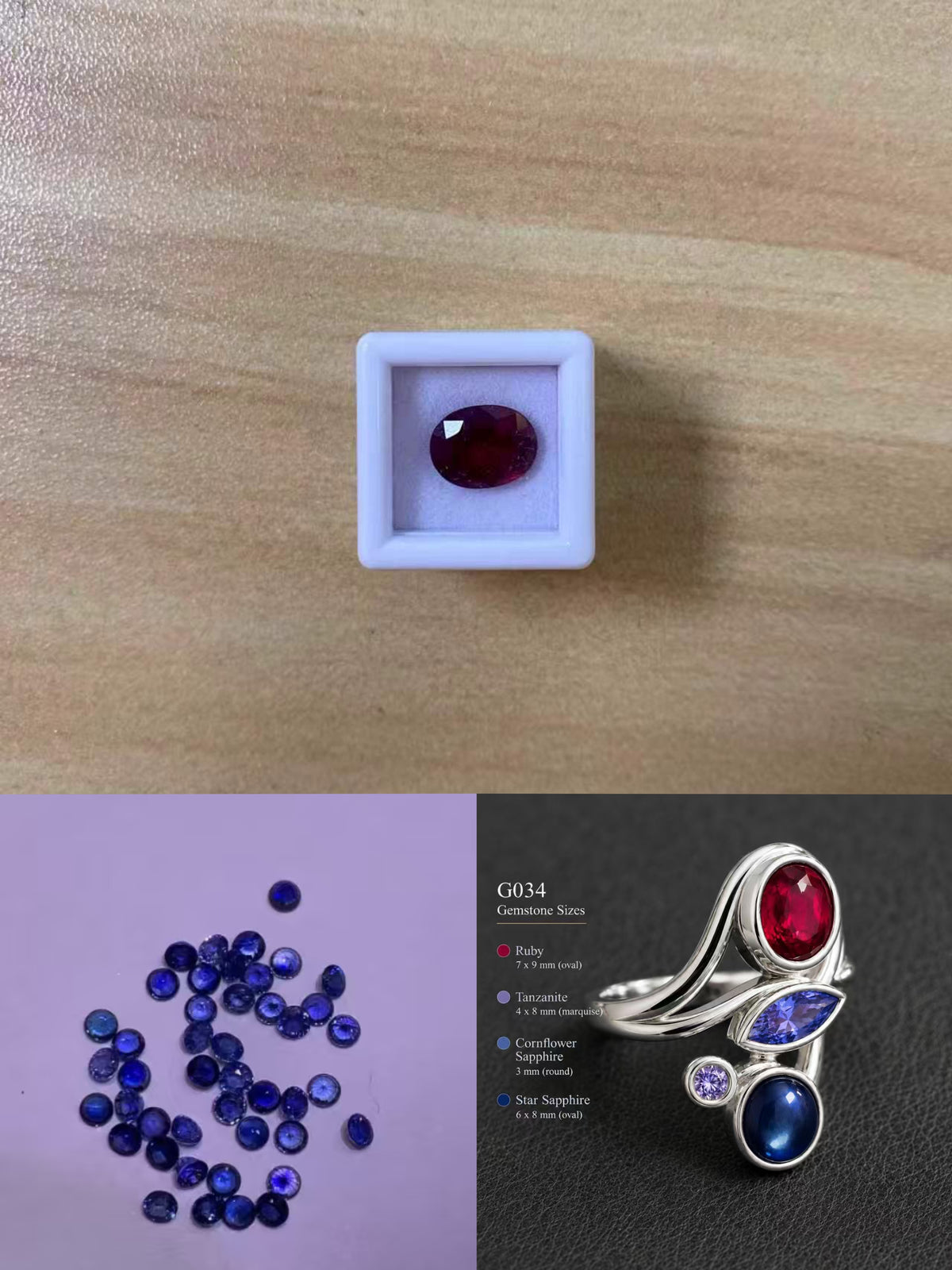 Nini-Custom ring for #29826, US5.1 ruby, 1 cornflower