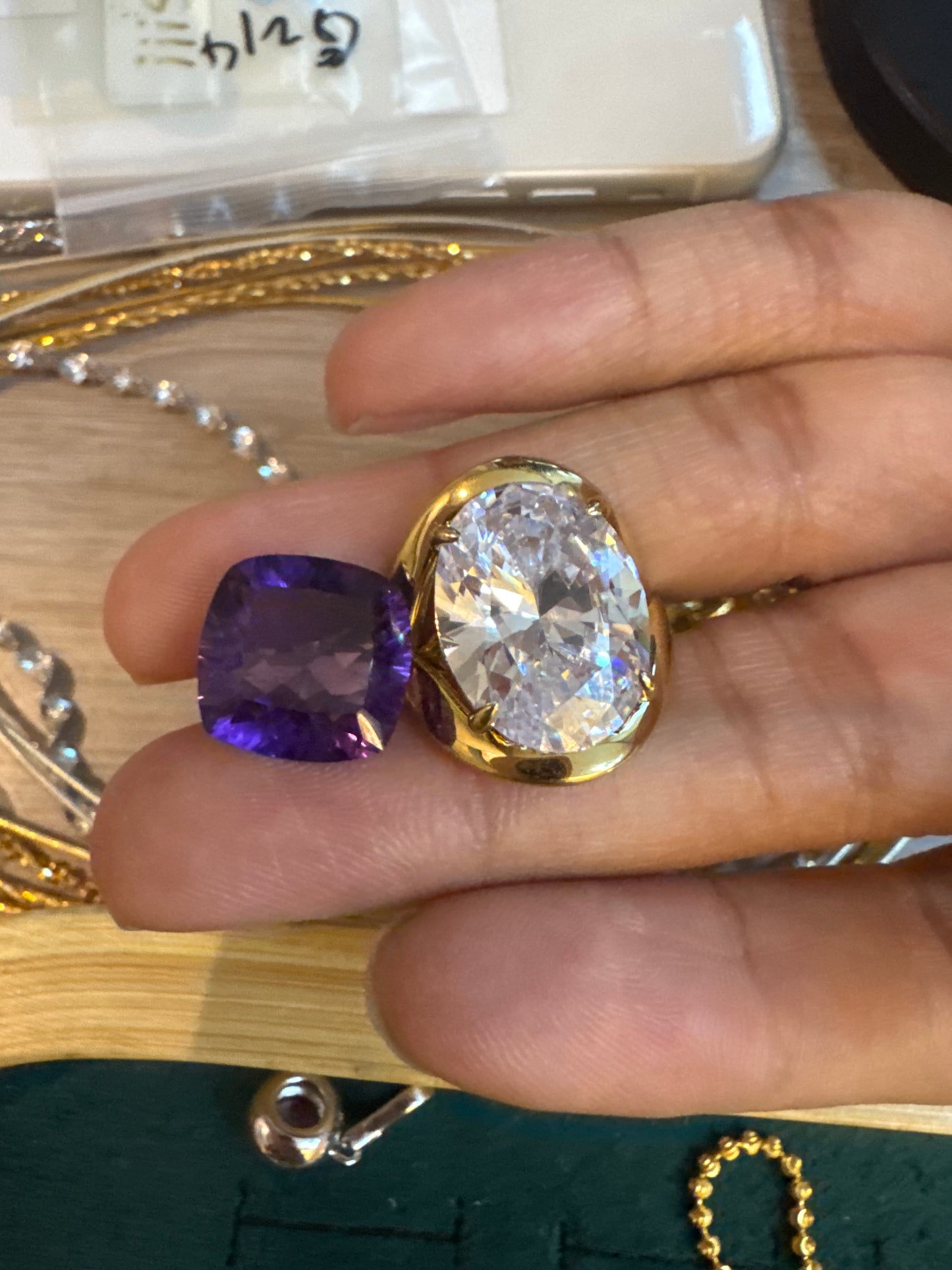 G214 Cassie Pinklavender US8 Gold left Amethyst stone right design