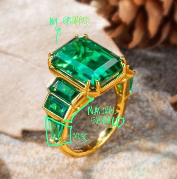 Custom setting $110 + four emeralds on the side $174 = $284. Using the $213 emerald credit, the total cost is $71.