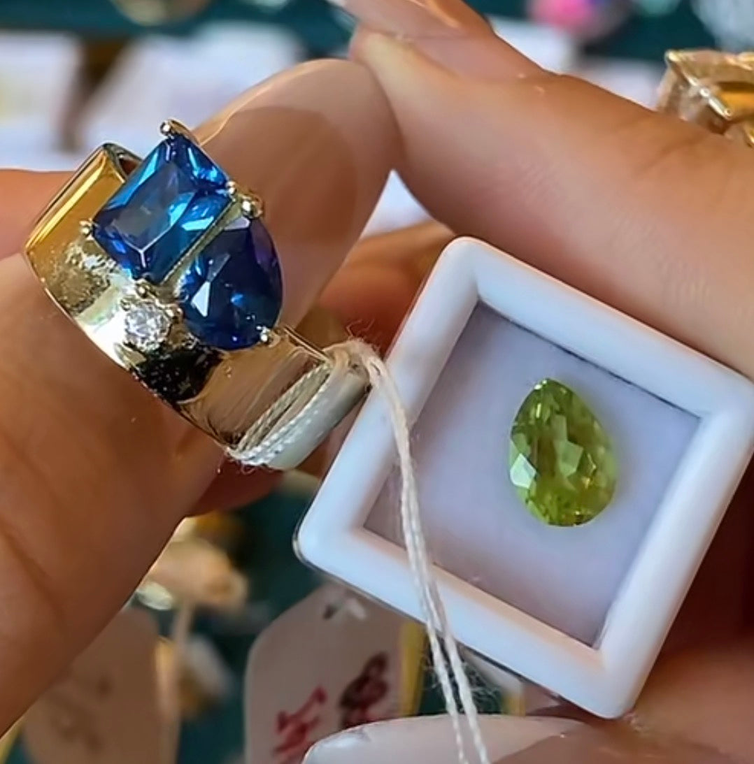 G213 Cassie pinklavender41 US8 gold color one pear peridot one ECT 6*8 moissanite