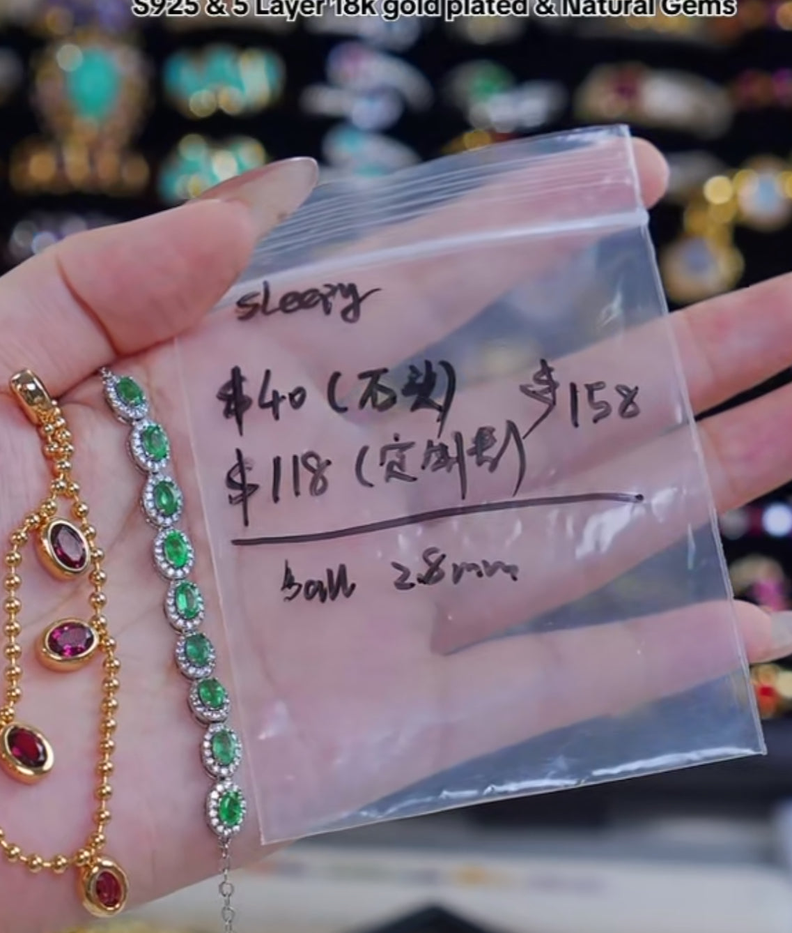 G032 Cassie sleepy 2.8mm ball chain 24k gold plated 7 pcs stone 46cm