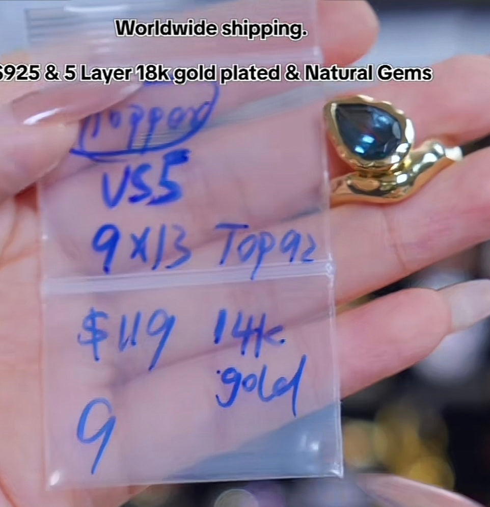 G231 Cassie toppers 9*13 London  blue topaz us5 14k gold plated