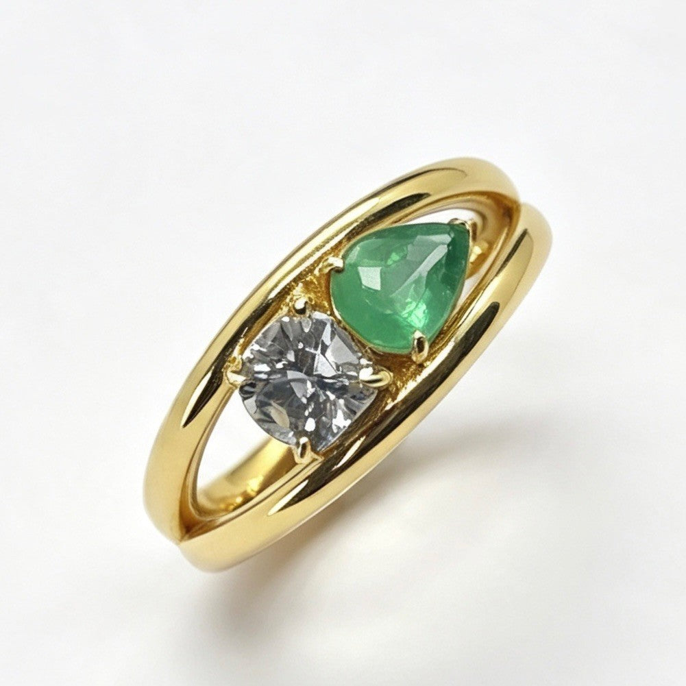 FF002 Toi et Moi Ring Clear Moissanite-Clear Moissanite | Peridot-Rhodolite Garnet | Spinel-Emerald | Aquamarine-Aquamarine | Peridot-Diopside | Emerald-Spinel | Pink Ruby-Pink Ruby
