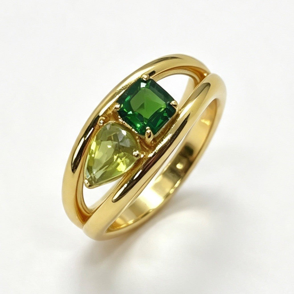 FF002 Toi et Moi Ring Clear Moissanite-Clear Moissanite | Peridot-Rhodolite Garnet | Spinel-Emerald | Aquamarine-Aquamarine | Peridot-Diopside | Emerald-Spinel | Pink Ruby-Pink Ruby